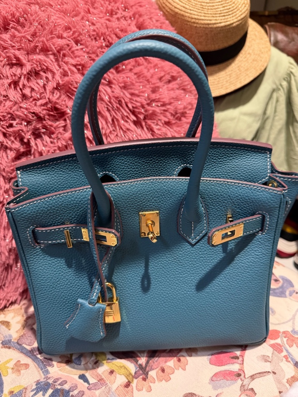 Structured Leather Tote Bag in Royal Blue with Gold Hardware